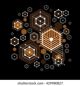 Bauhaus retro wallpaper, art vector background made using grid, circles and rhombuses. Geometric graphic 1960s illustration can be used as booklet cover design. Technological pattern.