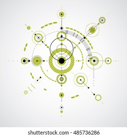 Bauhaus retro wallpaper, art vector green background made using grid and circles. Geometric graphic 1960s illustration can be used as booklet cover design. Technological pattern.