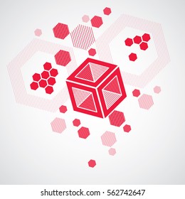 Bauhaus retro wallpaper, art vector red background made using grid, circles and rhombuses. Geometric graphic 1960s illustration can be used as booklet cover design. Technological pattern.
