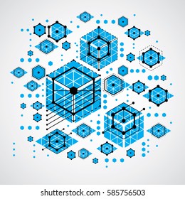 Bauhaus retro wallpaper, art vector blue background made using grid, circles and rhombuses. Geometric graphic 1960s illustration can be used as booklet cover design. Technological pattern.