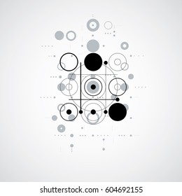 Bauhaus retro wallpaper, art vector monochrome background made using grid and circles. Geometric graphic 1960s illustration can be used as booklet cover design.