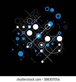 Bauhaus retro wallpaper, blue and black art vector background made using grid and circles. Geometric graphic 1960s illustration can be used as booklet cover design.