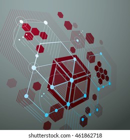 Bauhaus retro wallpaper, perspective red art vector background made using lines and honeycombs. Geometric graphic 1960s illustration can be used as booklet cover design.