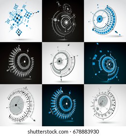 Bauhaus retro wallpapers, set of art vector backgrounds made using lines grid and circles. Geometric graphic 1960s illustration can be used as booklets cover design. Technological patterns.