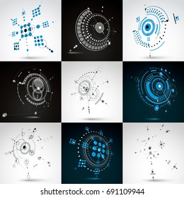 Bauhaus retro wallpapers, set of art vector backgrounds made using lines grid and circles. Geometric graphic 1960s illustration can be used as booklets cover design. Technological patterns.