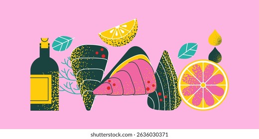 Bauhaus seafood  geometric pattern with oysters, olive oil, citrus, lemon, fruit
