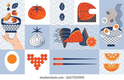 Bauhaus seafood geometric pattern with ramen, shrimp, oysters, salmon