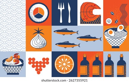 Bauhaus seafood geometric pattern with ramen, shrimp, salmon, sardines