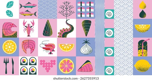 Bauhaus seafood geometric pattern with salmon, lobster, oysters, shrimp