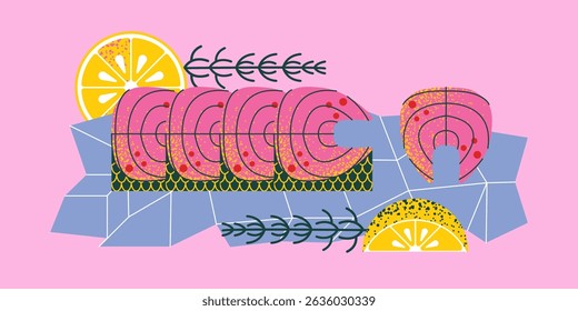Bauhaus seafood  geometric pattern with salmon, salmon, slices, lemon, ice