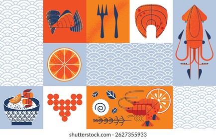Bauhaus padrão geométrico de frutos do mar com lula, camarão, ostra