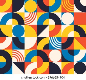 Bauhaus seamless pattern. Abstract square tiles with circle and triangle. Retro print in minimal style with geometric figure, vector texture. Basic shapes for different simple art design