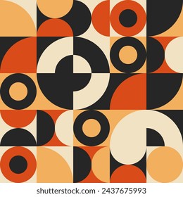 Bauhaus seamless pattern, geometric print, red black orange. Vector abstract bauhaus shapes. Modern circles  and squares