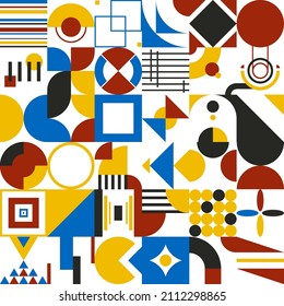 Patrón sin fisuras de Bauhaus. Formas abstractas geométricas modernas. Bauhaus formas básicas, líneas, círculos, triángulos y cuadrados. Azul, rojo, amarillo y negro. Ilustración vectorial de estilo mínimo