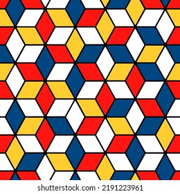 Bauhaus seamless pattern. Repeating mondrian shape. Cubism yellow, blue and red color. Repeated geometric patern for design prints. Repeat abstract geometry graphic. Modern style. Vector illustration