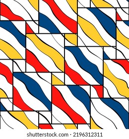Bauhaus seamless pattern. Repeating mondrian shape. Cubism yellow, blue and red color. Repeated geometric patern for design prints. Repeat abstract geometry graphic. Modern style. Vector illustration