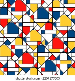 Bauhaus seamless pattern. Repeating mondrian shape. Cubism yellow, blue and red color. Repeated geometric patern for design prints. Repeat abstract geometry graphic. Modern style. Vector illustration