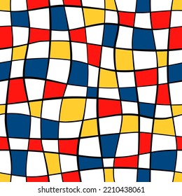 Bauhaus seamless pattern. Repeating mondrian shape. Cubism yellow, blue and red color. Repeated geometric patern for design prints. Repeat abstract geometry graphic. Modern style. Vector illustration