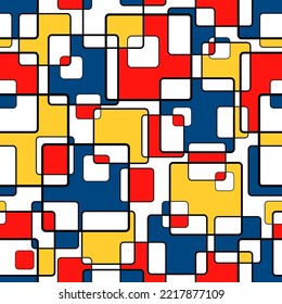 Bauhaus seamless pattern. Repeating mondrian shape. Cubism yellow, blue and red color. Repeated geometric patern for design prints. Repeat abstract geometry graphic. Modern style. Vector illustration