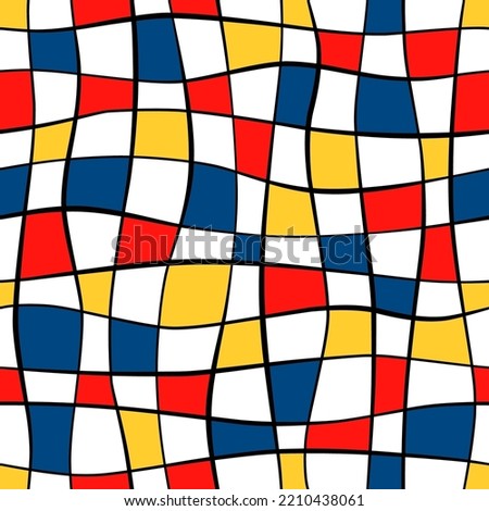 Bauhaus seamless pattern. Repeating mondrian shape. Cubism yellow, blue and red color. Repeated geometric patern for design prints. Repeat abstract geometry graphic. Modern style. Vector illustration