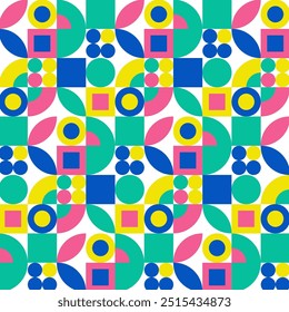 Bauhaus padrão sem costura.Formas geométricas coloridas repetem o padrão isolado no branco..Vetor gráfico ilustração fundo papel de parede.