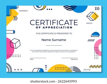 Bauhaus shapes graduation certificate of appreciation template. Graduation celebration, personal achievement congratulation certificate or diploma vector template with abstract Bauhaus elements
