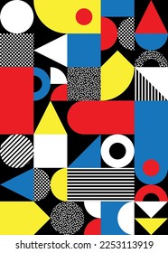 Bauhaus style abstract background pattern created from building blocks of simple shapes and textures.  
