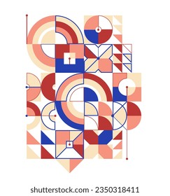 Estilo Bauhaus fondo abstracto de vector geométrico con círculos triángulos y líneas, arte de abstracción geométrica en colores étnicos, composición artística de patrones.