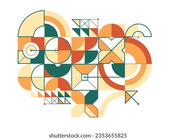 Bauhaus style abstract geometric vector background with circles triangles and lines, geometrical abstraction art in ethnic colors, artistic pattern composition.