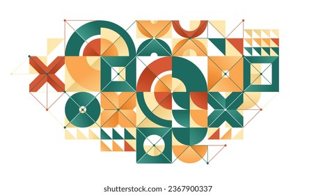 Bauhaus style abstract geometric vector background with circles triangles and lines, geometrical abstraction art in ethnic colors, artistic pattern composition.