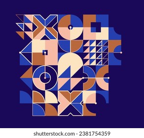 Bauhaus style abstract geometric vector background over dark, geometrical abstraction art in ethnic colors, colorful artistic pattern composition.