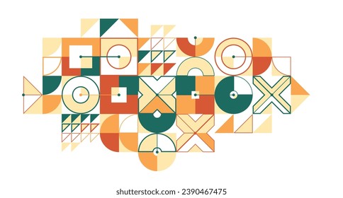 Bauhaus style abstract geometric vector background with circles triangles and lines, geometrical abstraction art in ethnic colors, artistic pattern composition.