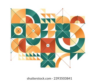 Estilo Bauhaus fondo abstracto de vector geométrico con círculos triángulos y líneas, arte de abstracción geométrica en colores étnicos, composición artística de patrones.