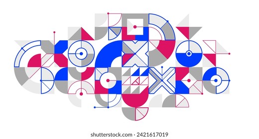 Bauhaus style abstract geometric vector background with circles triangles and lines, geometrical abstraction art, artistic pattern composition.