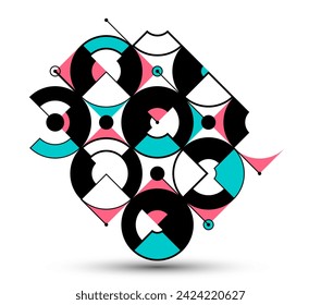 Estilo Bauhaus fondo abstracto de vector geométrico con círculos triángulos y líneas, arte de abstracción geométrica, composición de patrones artísticos.