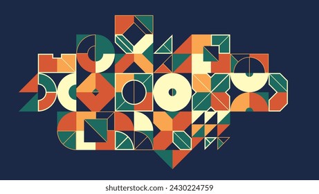 Fondo geométrico abstracto del vector del estilo de Bauhaus sobre arte oscuro, abstracción geométrica en colores étnicos, composición artística colorida del modelo.