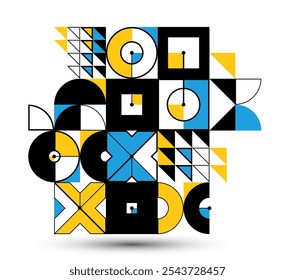 Bauhaus style abstract geometric vector background with circles triangles and lines, geometrical abstraction art, artistic pattern composition.