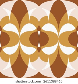Bauhaus style brown and beige background. Seamless overlap ornament with simple curved shapes. Decorative ceramic tiles border. Graphic print template.  Vector texture