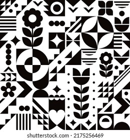 Bauhaus style cool geometric vector seamless pattern in black and white with flowers, abstract modern design perfect for wallpaper or textile, fabric print
 