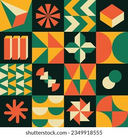 Bauhaus style cover art collage design - Retro geometric simple shapes layout vector with bright green, orange, yellow, and black 