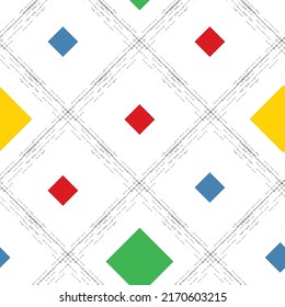 Cuadrícula vectorial diagonal de estilo Bauhaus con pinzas de pincel de textura gruesa y cuadrados de rhombus de color mondriano. El enrejado sin foco cruza el fondo. Fondo geométrico minimalista lineal regular.