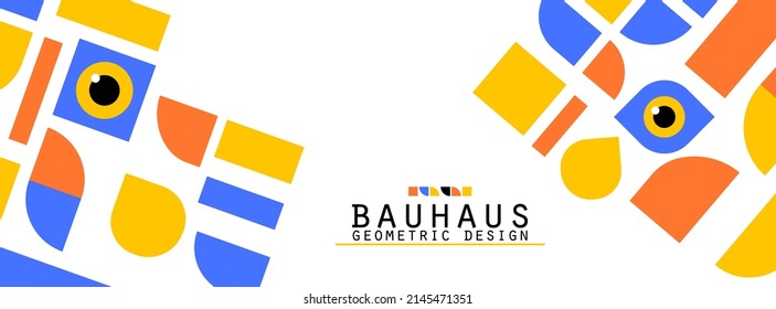 Bauhaus style flye. Journal magazine album cover with abstract geometric 2d shapes and eye. Banner template with set of simple colorful forms. Vector card illustration on white background