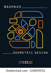 Bauhaus style flye. Journal magazine album cover with abstract geometric 2d contour shapes and eye. Banner template with set of simple colorful forms. Vector card illustration on black background.