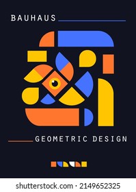 Bauhaus style flye. Journal magazine album cover with abstract geometric 2d shapes and eye. Banner template with set of simple colorful forms. Vector card illustration on black background.