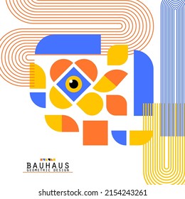 Bauhaus style flye. Journal magazine album cover with abstract geometric 2d shapes and eye. Banner template with set of simple colorful forms. Vector card illustration on white background