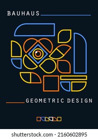 Bauhaus style flye. Journal magazine album cover with abstract geometric 2d contour shapes and eye. Banner template with set of simple colorful forms. Vector card illustration on black background.