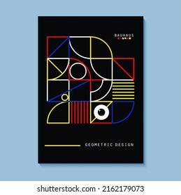 Bauhaus style flye. Journal magazine album cover with abstract geometric 2d contour shapes and eye. Banner template with set of simple colorful forms. Vector card illustration on black background.