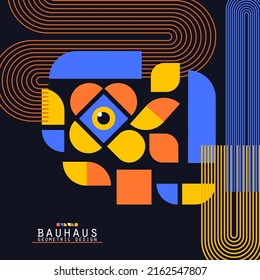 Bauhaus style flye. Journal magazine album cover with abstract geometric 2d shapes and eye. Banner template with set of simple colorful forms. Vector card illustration on black background