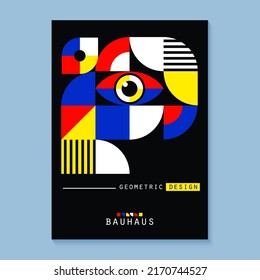 Bauhaus style flye. Journal magazine album cover with abstract geometric 2d shapes and eye. Banner template with set of simple colorful forms. Vector card illustration on black background.