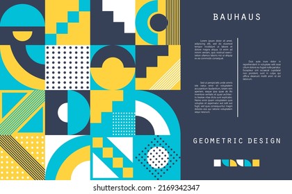 Bauhaus style flyer. Abstract geometric 2d elements with modern geometric figures. Web template with simple colorful forms. Retro art banner and grid shapes pattern. Vector card illustration.